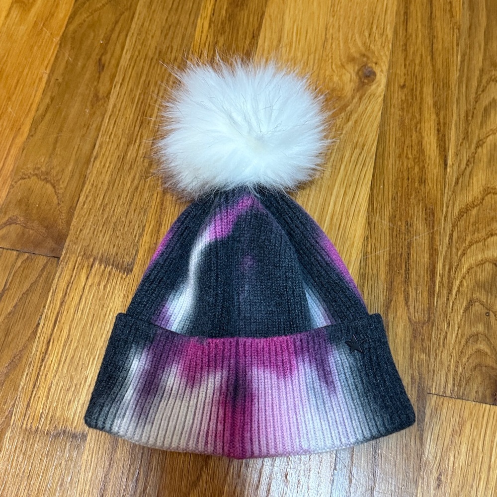 JOCELYN Pink Tie Dye Faux Fur Pom Pom Beanie Hat